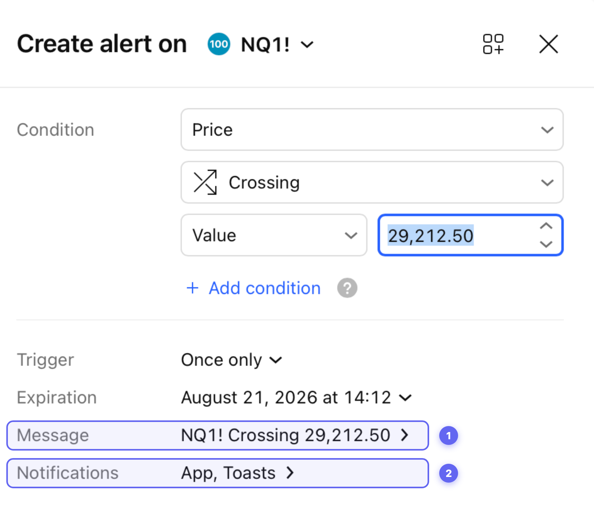 The TradingView Create Alert dialog with the Message and Notifications rows highlighted