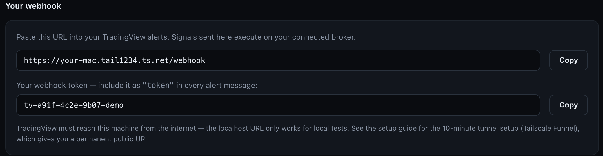 The Settings page showing your webhook URL and token, each with a copy button